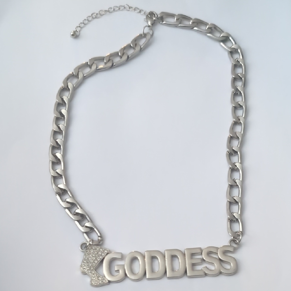 Silver Curb Chain Heavy Duty‎ Necklace with Rhinestones 'GODDESS' Pendant